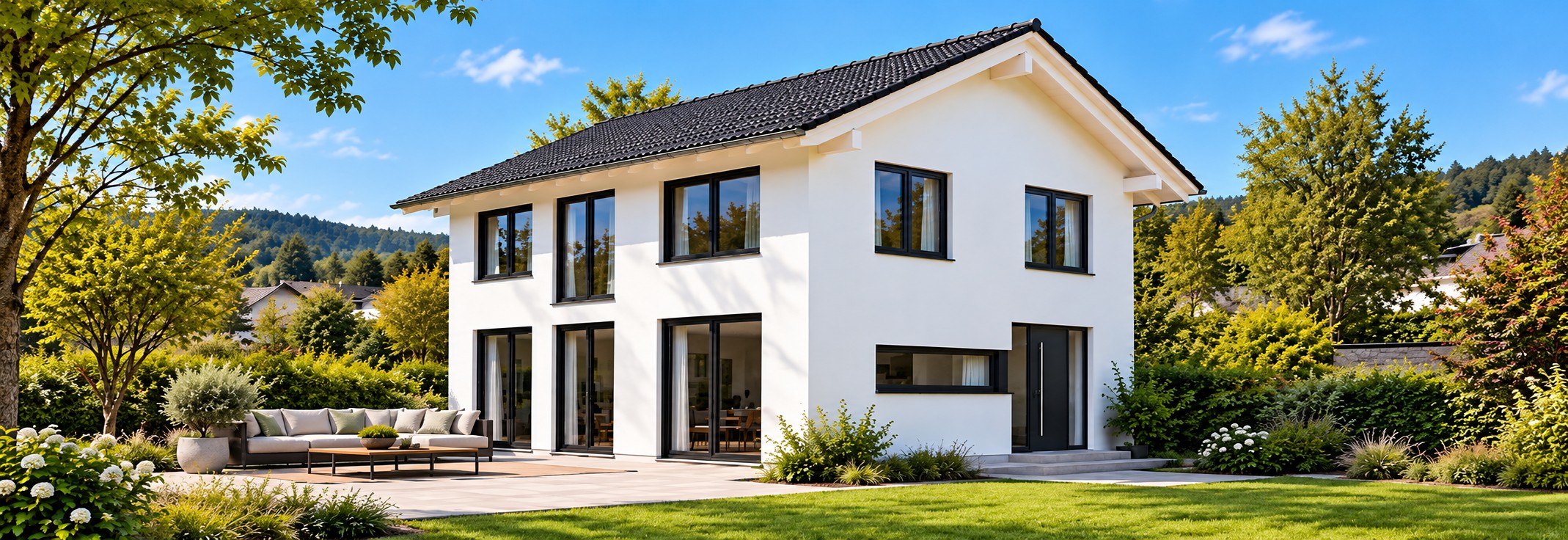 Klassisches Einfamilienhaus mit Walmdach, Terrasse und drei Terrassentüren